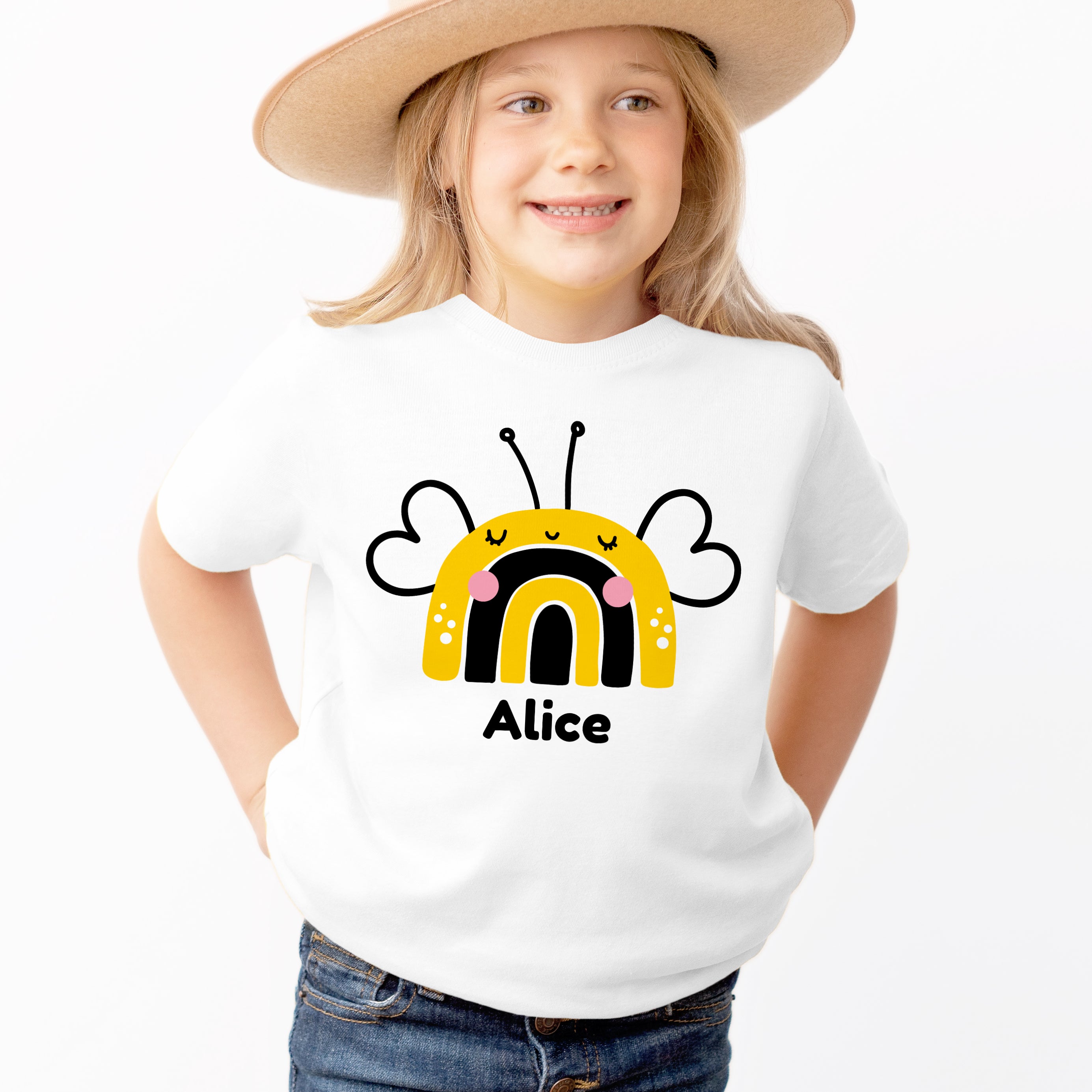 Kids Custom Name Bumblebee Rainbow T-Shirt - Soft Lightweight Cotton Tee