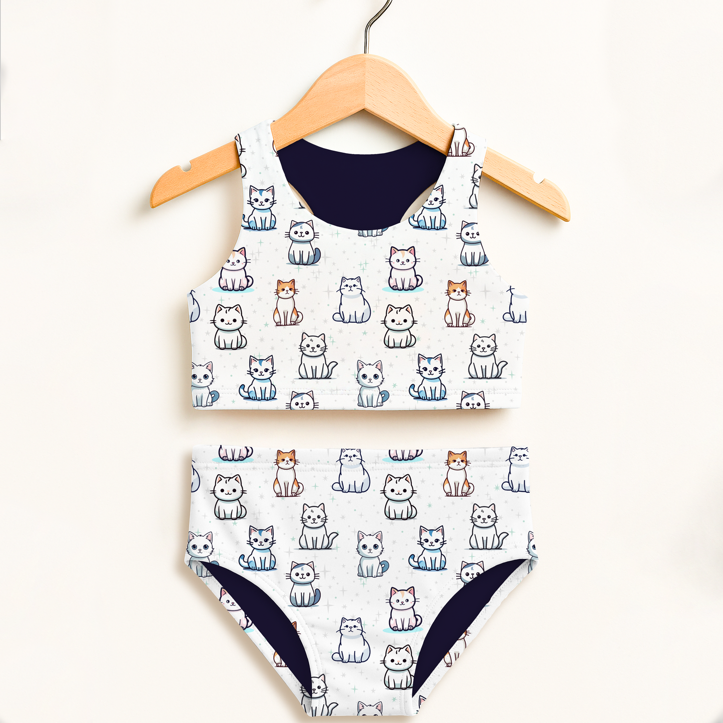 Girls Cat Pattern Two Piece Swimsuit – High Waisted, Double Layered Comfort