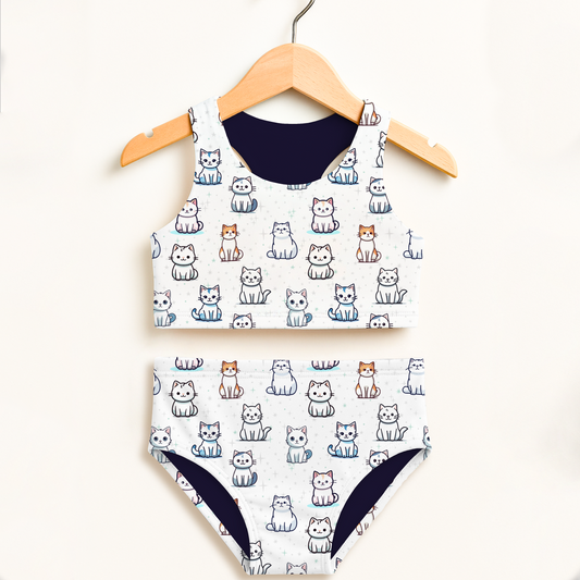 Girls Cat Pattern Two Piece Swimsuit – High Waisted, Double Layered Comfort