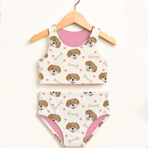 Girls cute puppy two piece swimsuit with white base brown puppy faces pink hearts gray bones upf 50+ high waisted