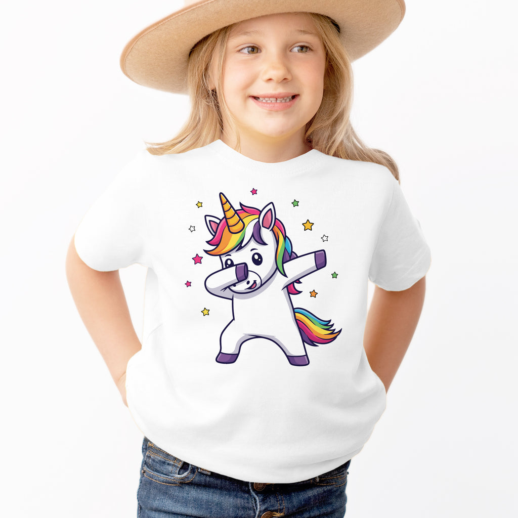 Girls Dabbing Rainbow Unicorn T-Shirt - Soft Lightweight Cotton Tee