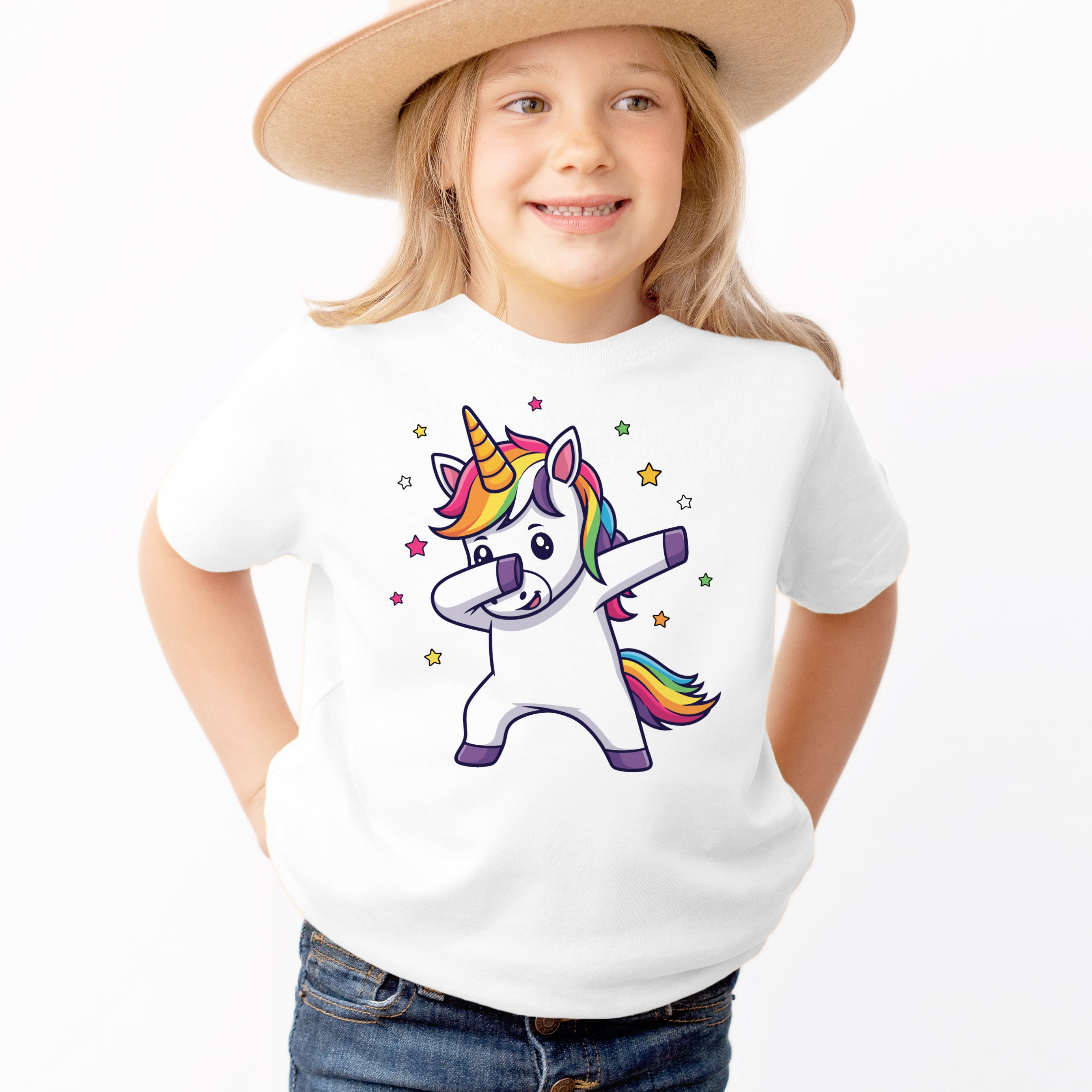 Girls Dabbing Rainbow Unicorn T-Shirt - Soft Lightweight Cotton Tee