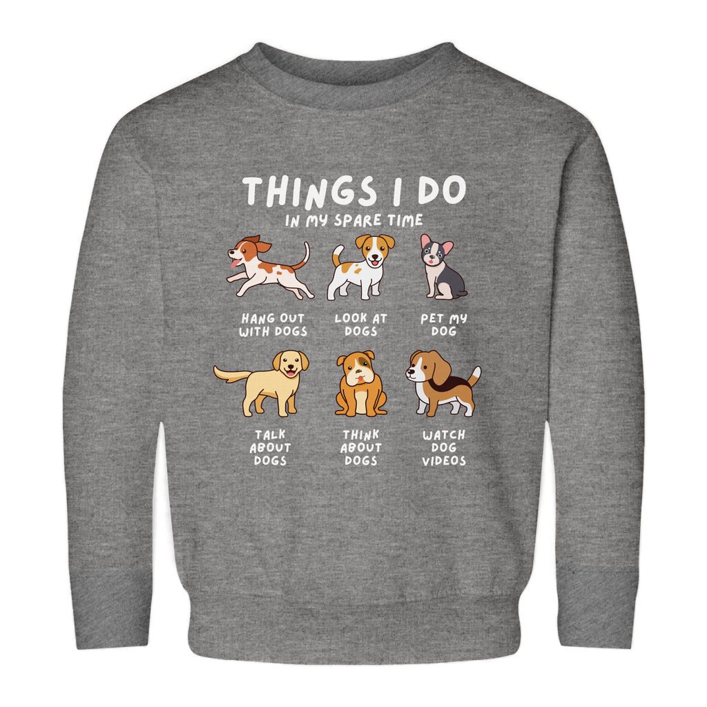 gray sweatshirt with text and illustrations of dogs, indicating favorite activities 'Things I Do In My Spare Time'.