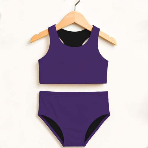 Girls dark purple two-piece swimsuit with black lining halter top and high-waisted double layered UPF 50+ comfort