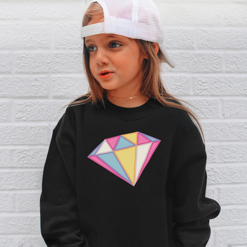 Black girls sweatshirt with colorful pink yellow and blue geometric diamond graphic trendy pastel gem pullover for kids