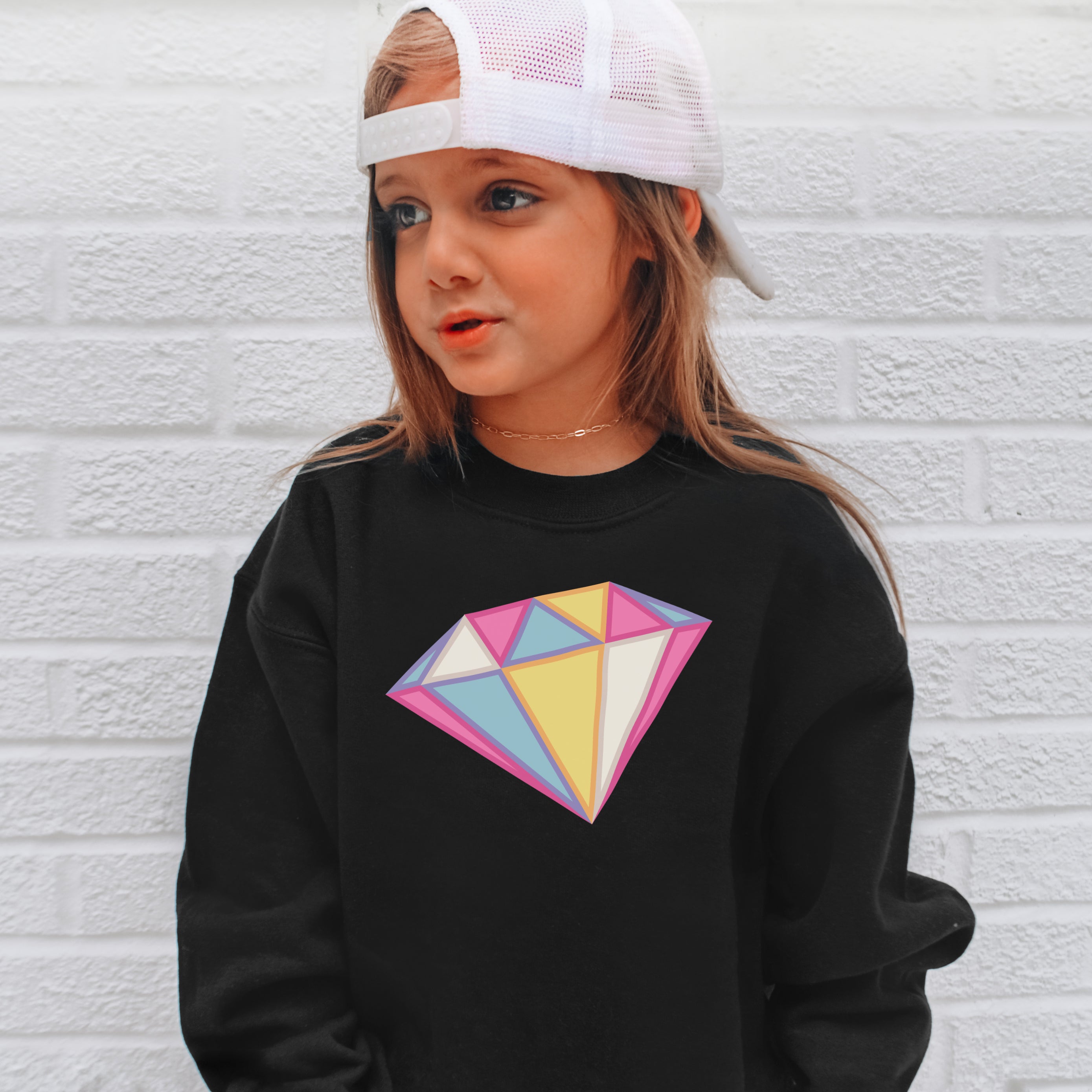 Black girls sweatshirt with colorful pink yellow and blue geometric diamond graphic trendy pastel gem pullover for kids