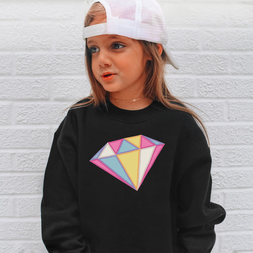 Black girls sweatshirt with colorful pink yellow and blue geometric diamond graphic trendy pastel gem pullover for kids