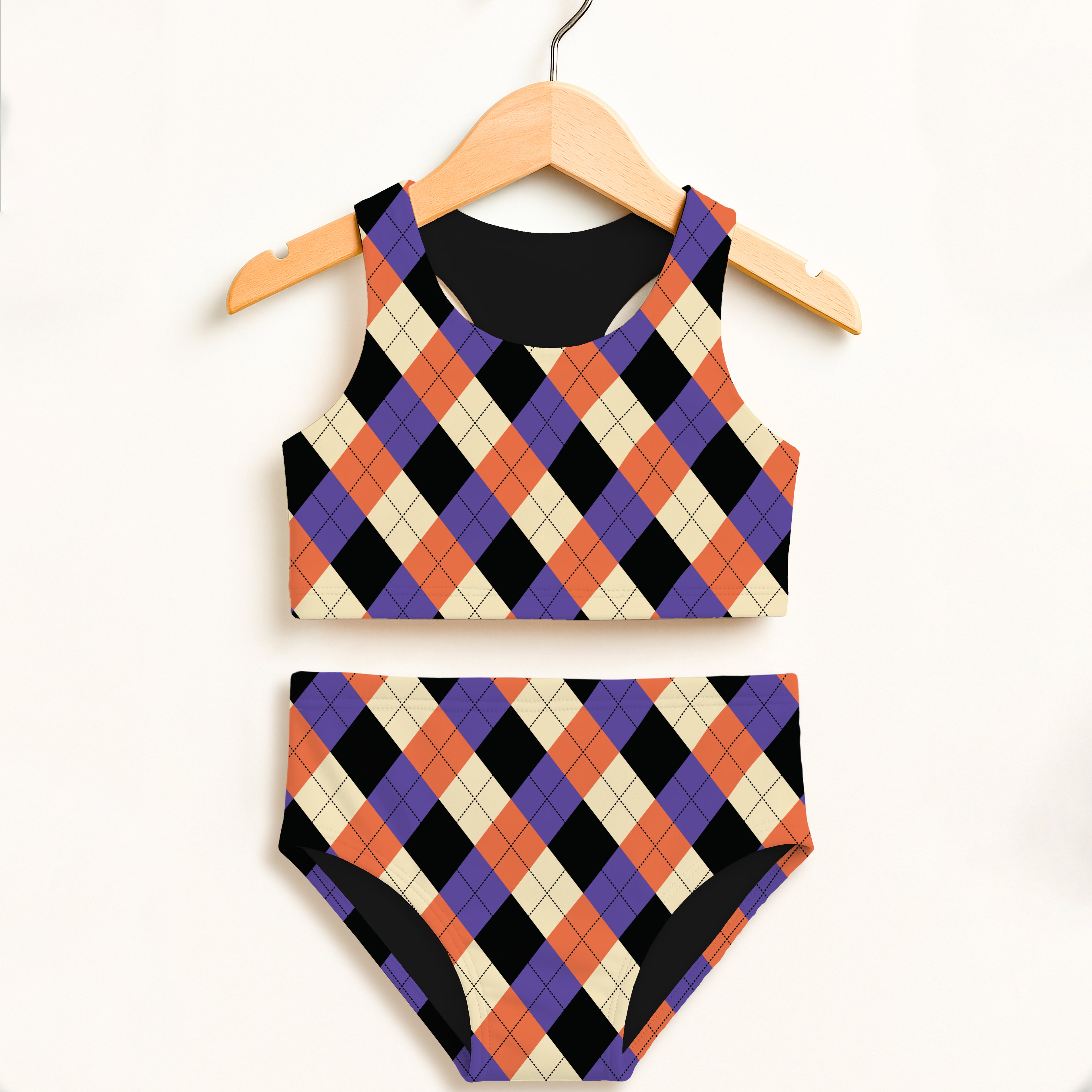 Girls Halloween Argyle Two Piece Swimsuit – Double Layered UPF 50+ High Waisted Comfort