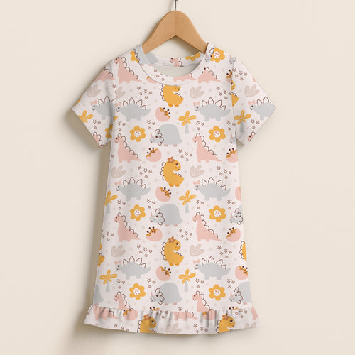 Girls floral dinosaur short sleeve ruffle hem dress in soft white with pastel pink yellow and gray cartoon dinosaurs and flowers