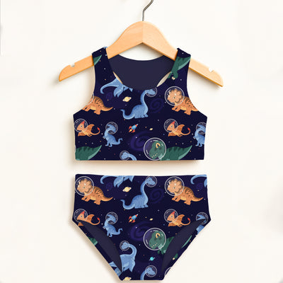 Girls space dinosaur two piece swimsuit in navy blue with cartoon dinosaurs in helmets and planets, double layered upf 50+