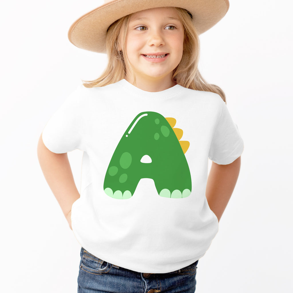 Kids Custom Initial Dinosaur T-Shirt - Soft Lightweight Cotton Tee