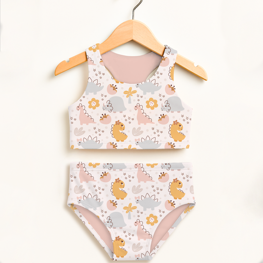 Girls Floral Dinosaur Two Piece Swimsuit – High Waisted, Double Layered Comfort