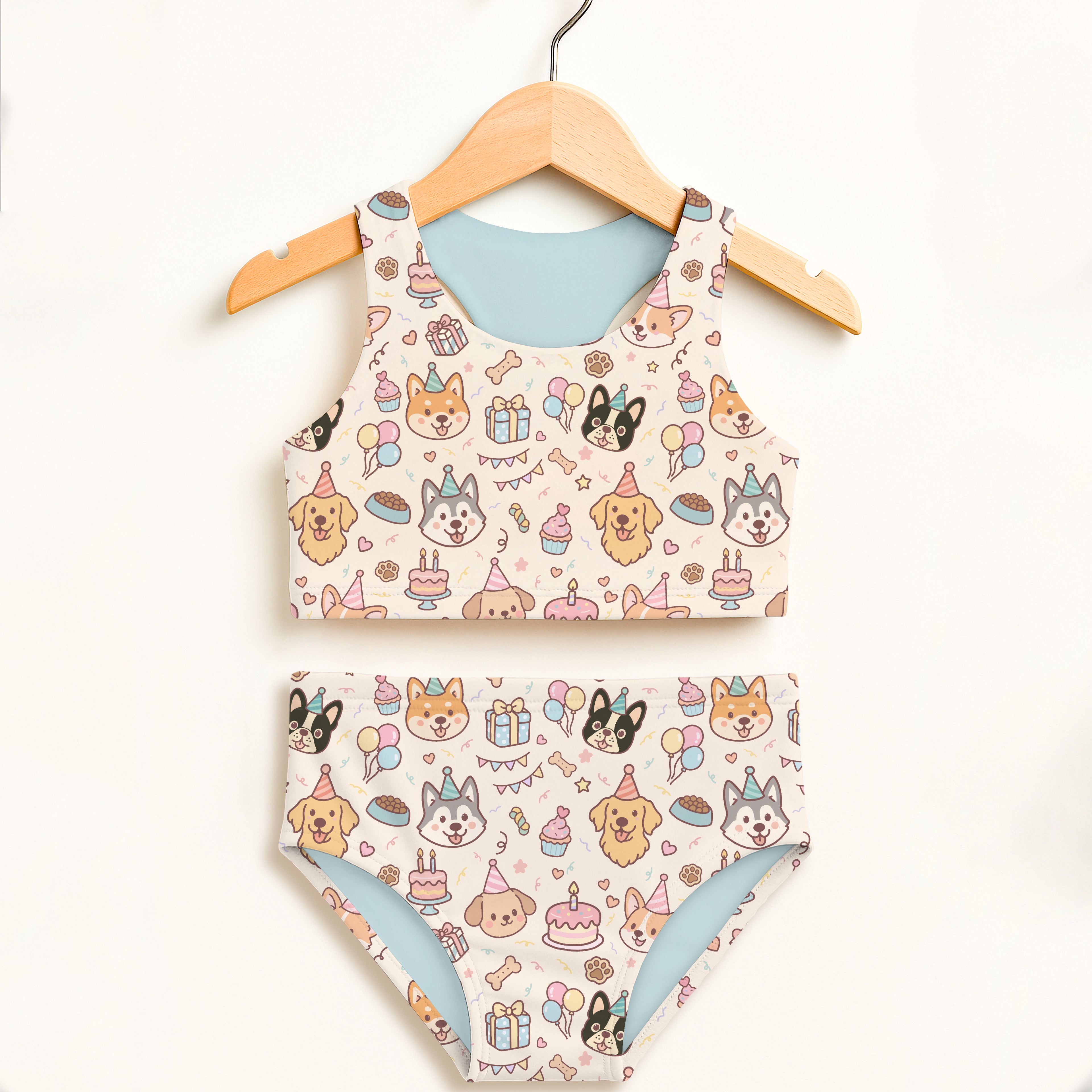 Girls dog birthday two piece swimsuit cream fabric with cartoon dogs party hats birthday cakes and balloons design