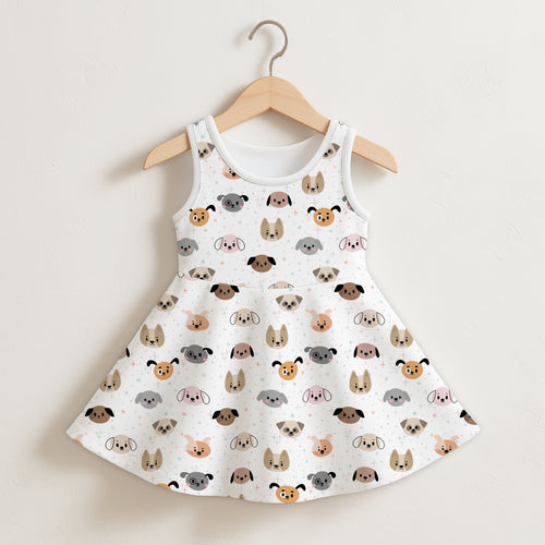 Girls dog face sleeveless dress in white with a flared skirt and colorful cartoon dog pattern for casual wear