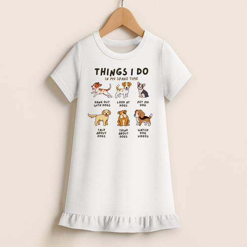 White short-sleeved nightgown with dog-themed graphic print and ruffled hem for girls who love dogs