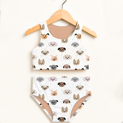 Girls Dog Face Two Piece Swimsuit – Double Layered UPF 50+ High Waisted Comfort