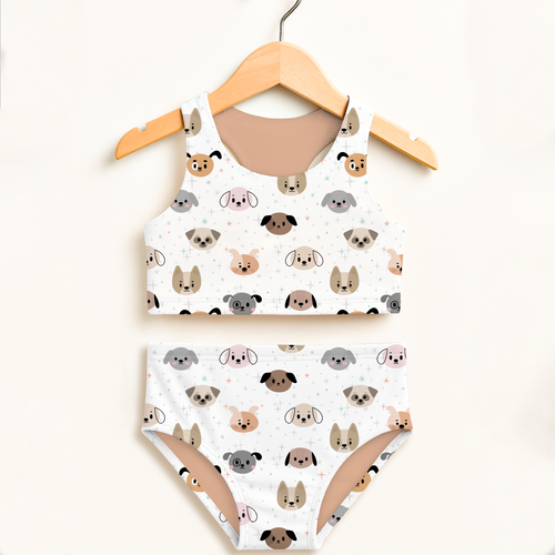 White girls two-piece swimsuit with cartoon dog patterns beige gray black double layered upf 50 high waisted comfort