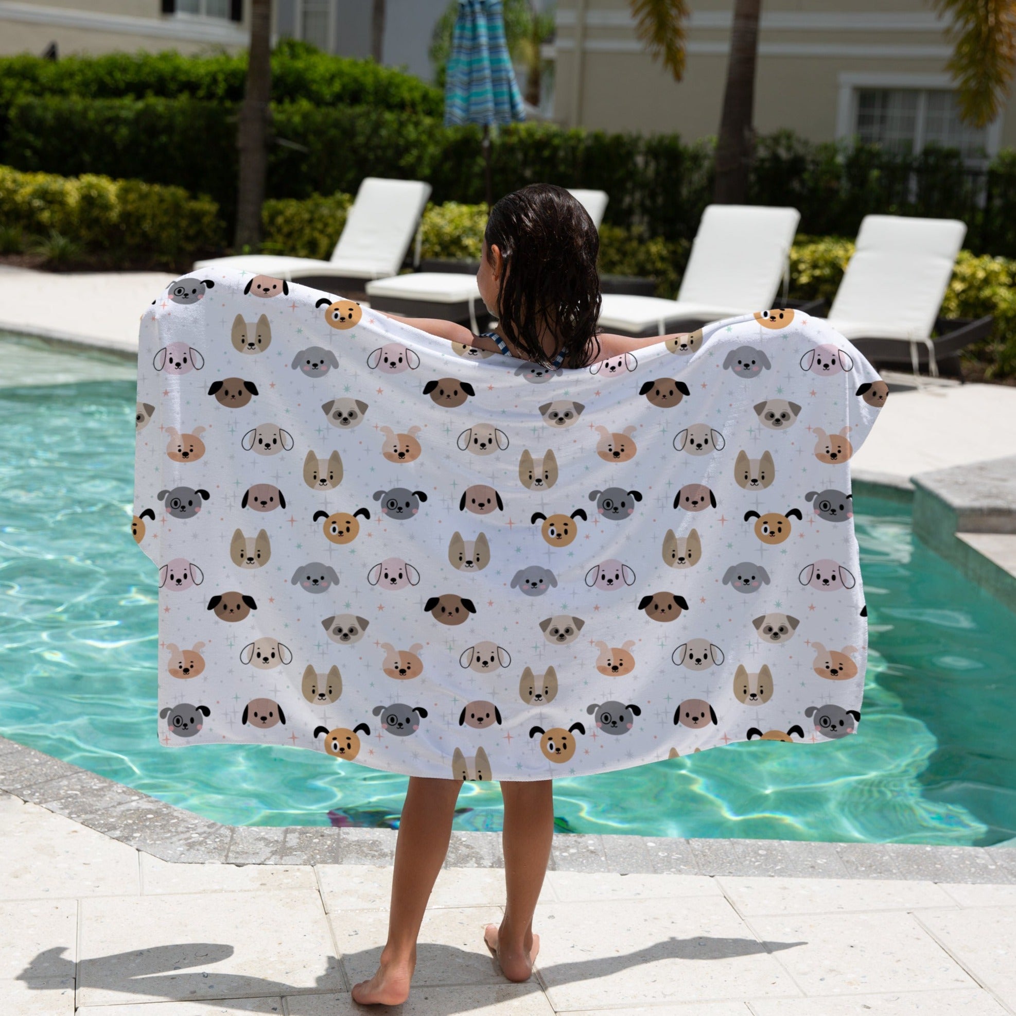 Kids dog face towel white beach towel with playful cartoon dogs in shades of brown gray and tan for children