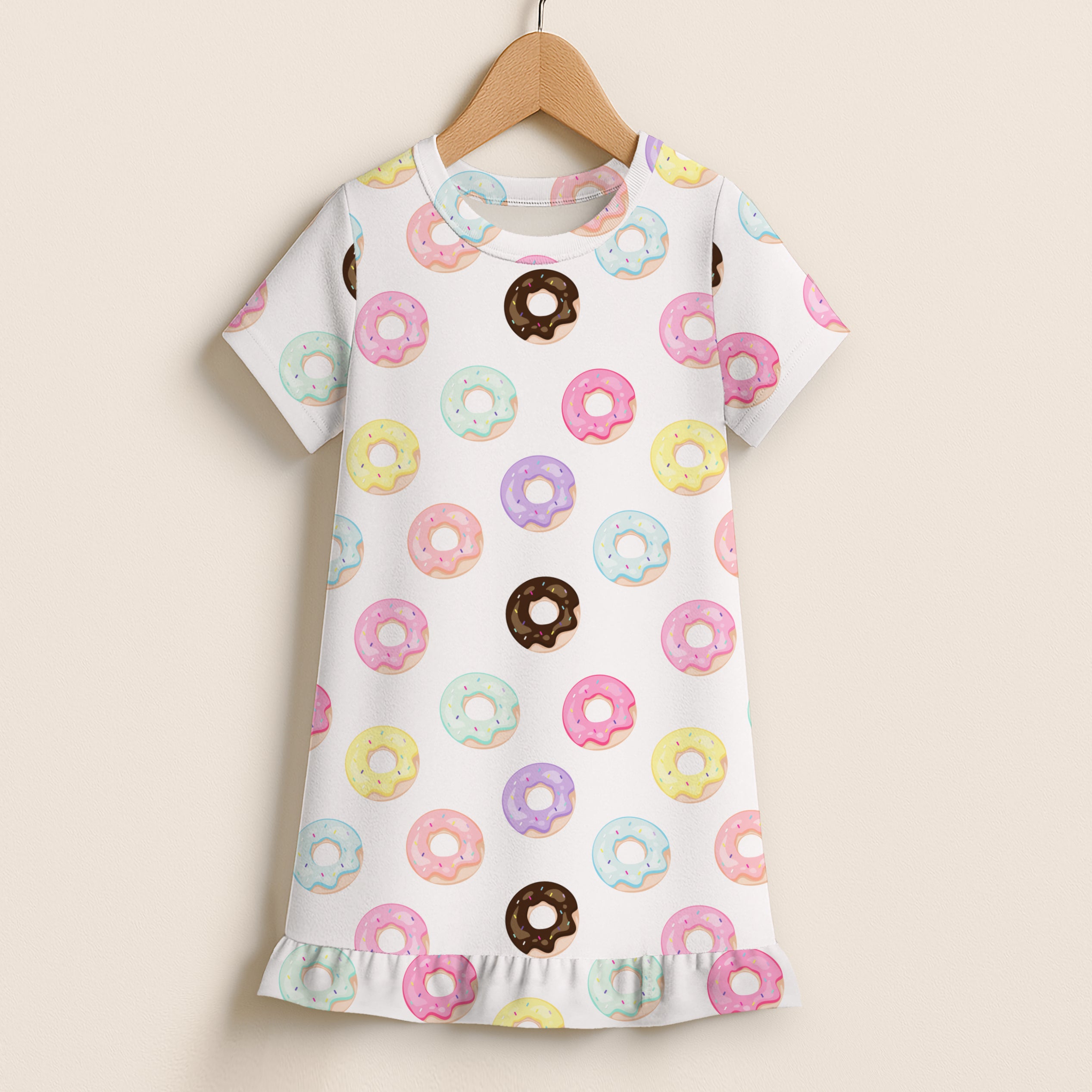 Girls Colorful Donuts Short Sleeve Ruffle Hem Dress