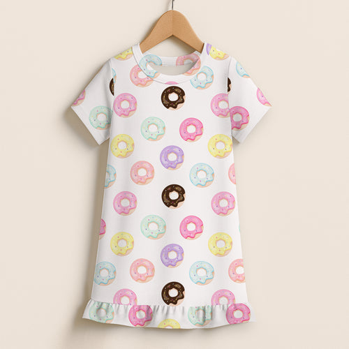 Girls colorful donuts short sleeve ruffle hem dress in white with pastel and chocolate frosted donut print
