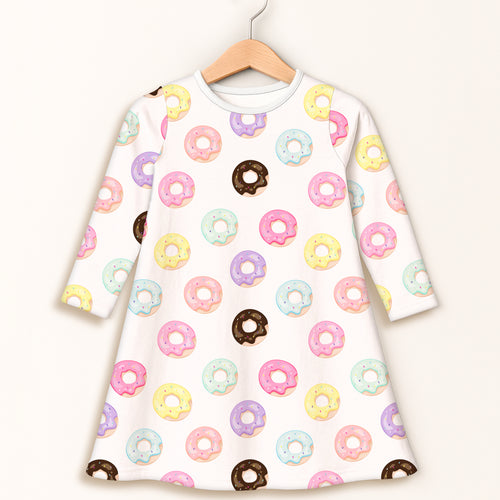 Girls colorful donuts long sleeve dress white cotton with playful pastel and chocolate donut pattern