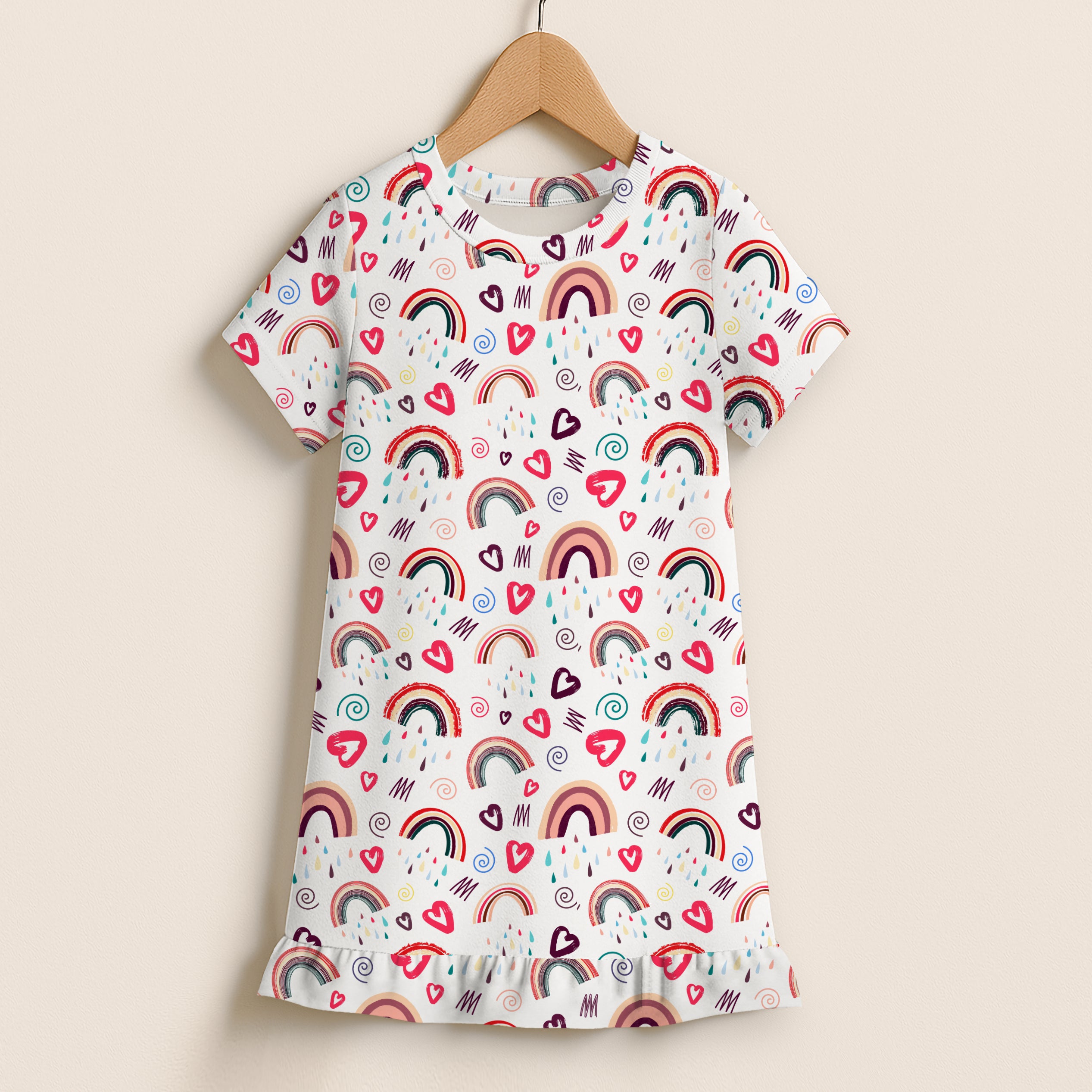 Girls Rainbow Doodle Short Sleeve Ruffle Hem Dress