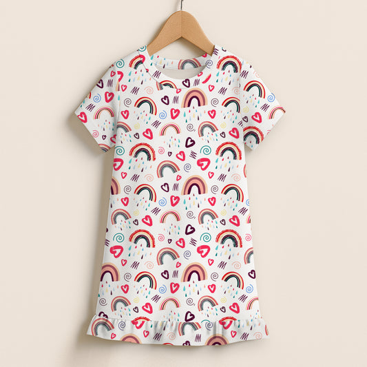Girls Rainbow Doodle Short Sleeve Ruffle Hem Dress