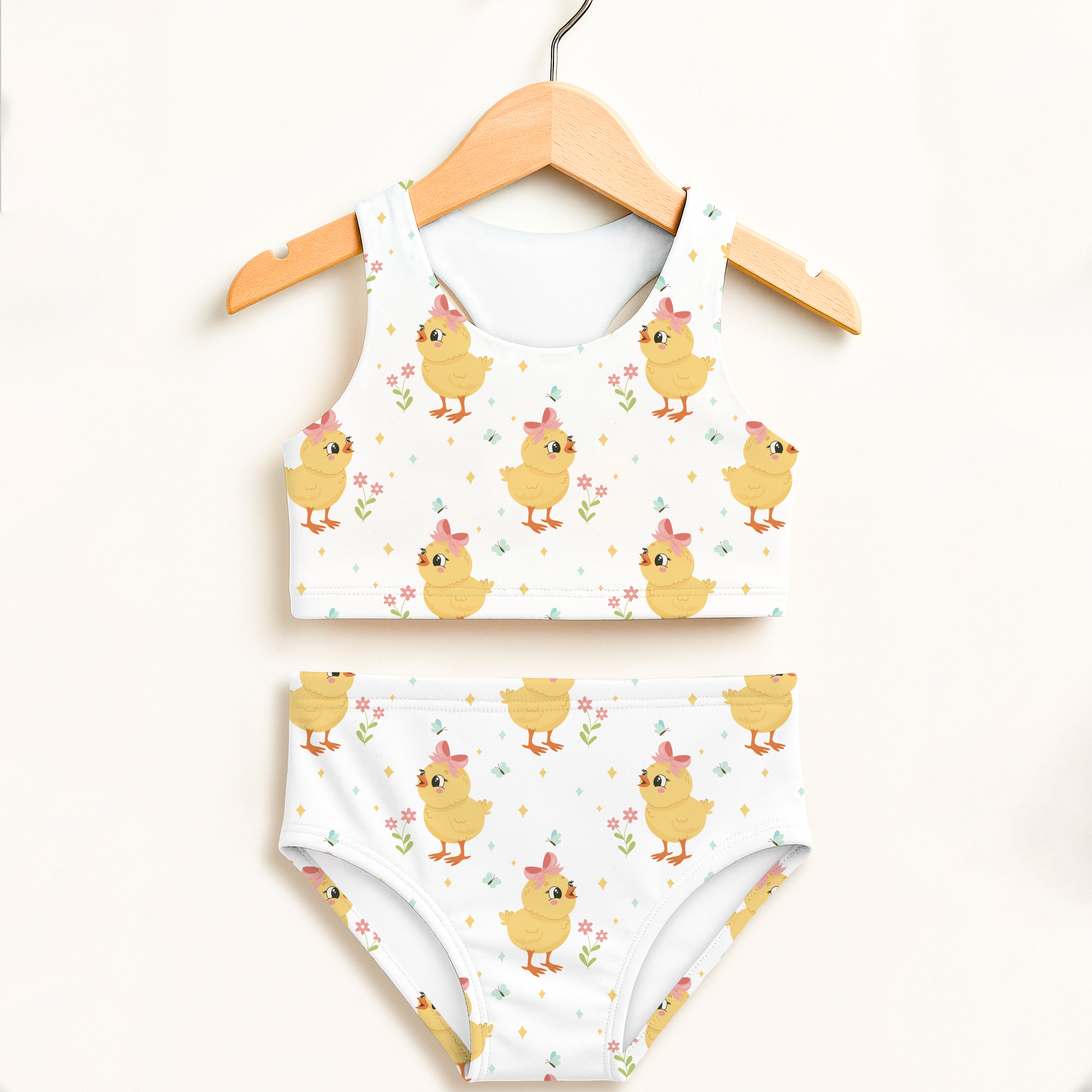 Girls white chick two piece swimsuit with yellow chick pattern pink bows double layered upf 50 high waisted comfort