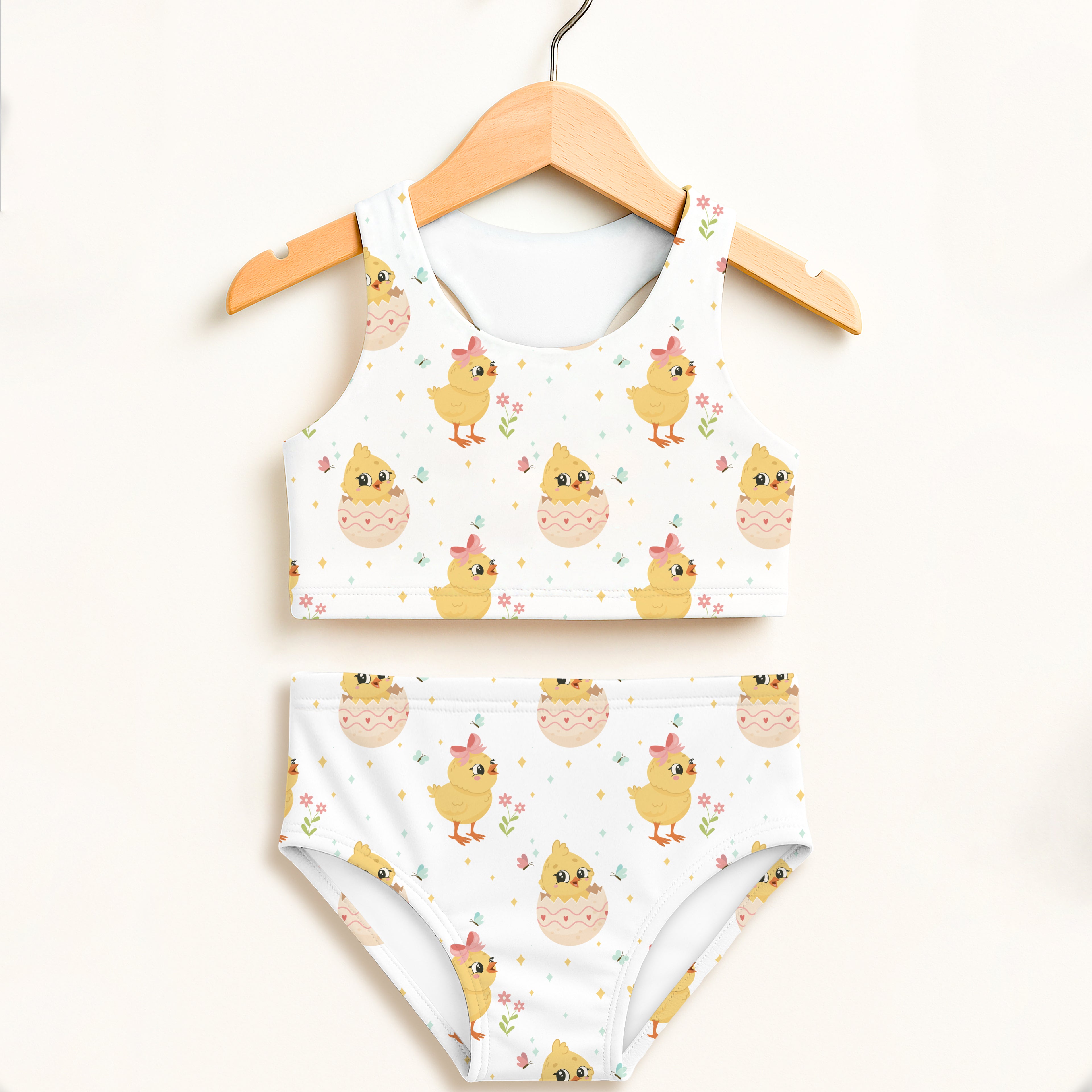Girls white two-piece swimsuit with yellow chicks pink bows cracked eggshells and flowers double layered upf 50 high waisted