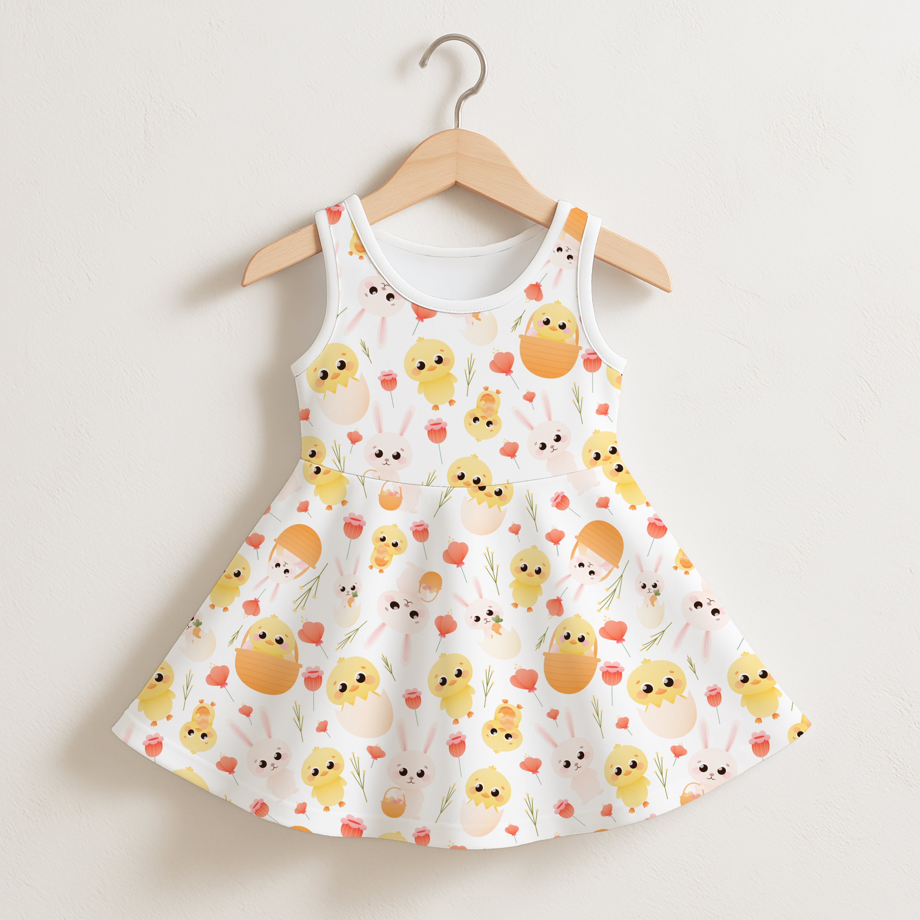 White sleeveless girls easter dress with yellow chicks orange eggshells and pink tulips playful pattern