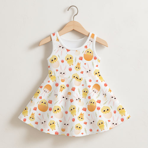 White sleeveless girls easter dress with yellow chicks orange eggshells and pink tulips playful pattern