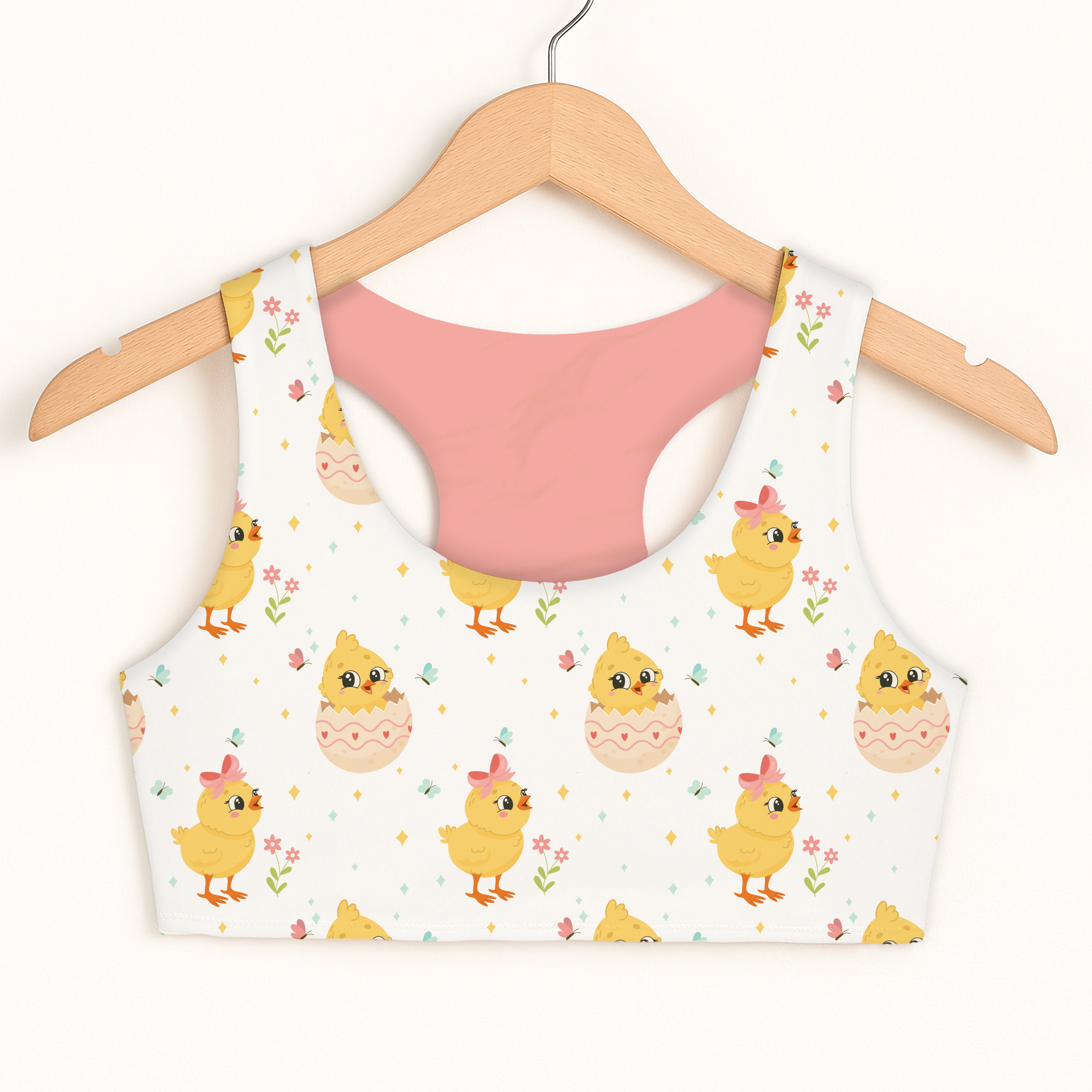 Girls cute easter chick white cropped sports bra with yellow chick pattern pink lining quick drying double layered comfort