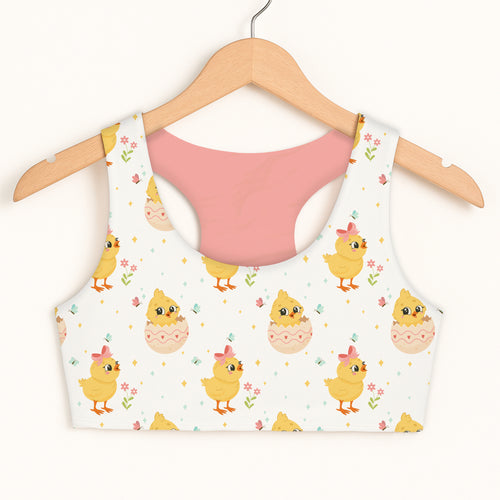 Girls cute easter chick white cropped sports bra with yellow chick pattern pink lining quick drying double layered comfort