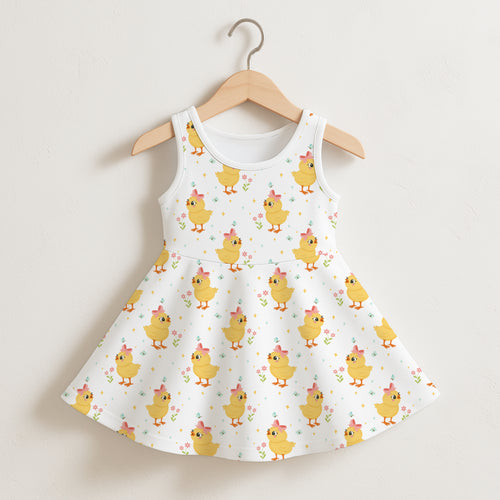 White sleeveless toddler dress with playful yellow chicks pink bows and small flowers for girls floral easter wear