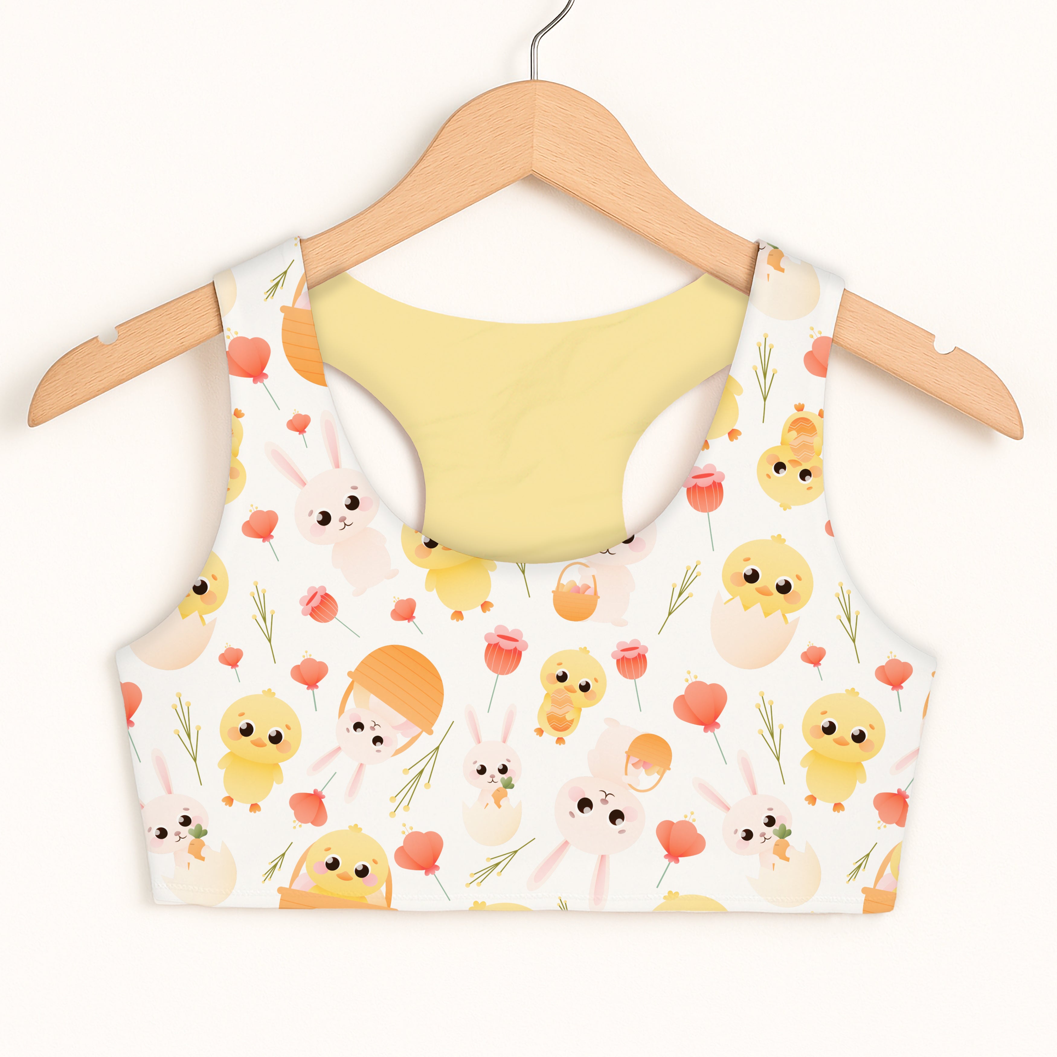 Girls easter bunny and chick white cropped sports bra with yellow chicks pink bunnies and orange flowers quick drying double layered comfort