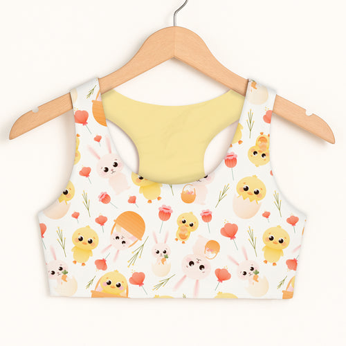 Girls easter bunny and chick white cropped sports bra with yellow chicks pink bunnies and orange flowers quick drying double layered comfort