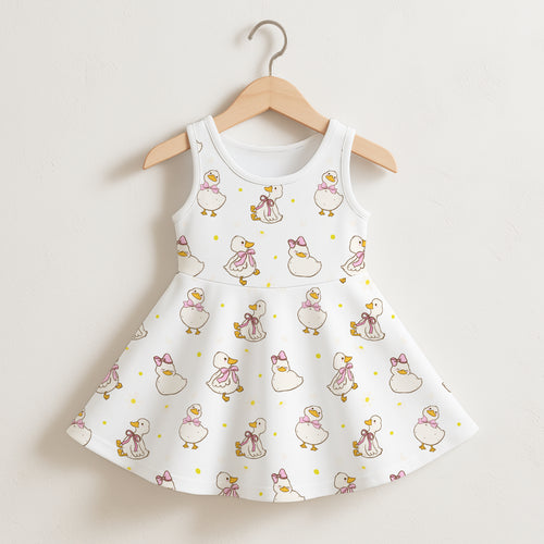 White sleeveless girls dress with flared skirt featuring playful cartoon ducks with pink bows and yellow polka dots