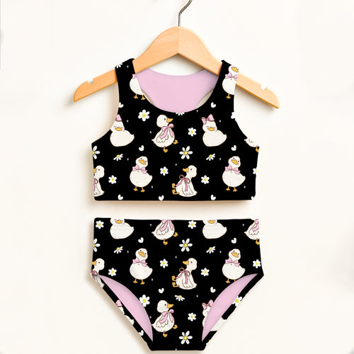 Girls black and pink duck two piece swimsuit with floral accents double layered high waisted UPF 50 plus comfort