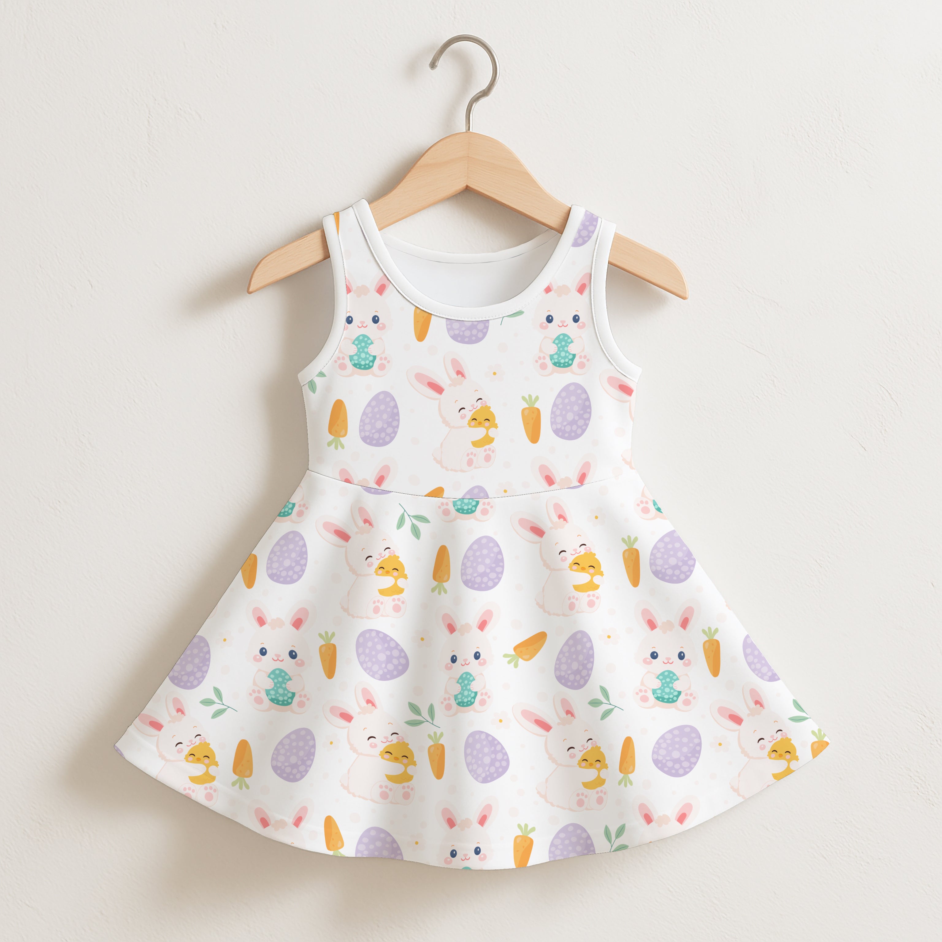 Girls Easter bunny and chick sleeveless white dress with flared skirt and pastel bunny carrot and egg pattern