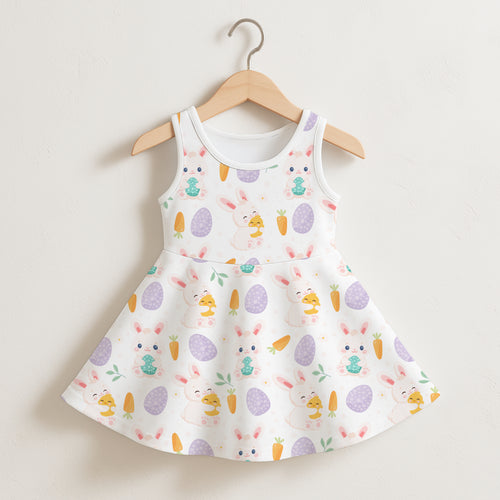 Girls Easter bunny and chick sleeveless white dress with flared skirt and pastel bunny carrot and egg pattern