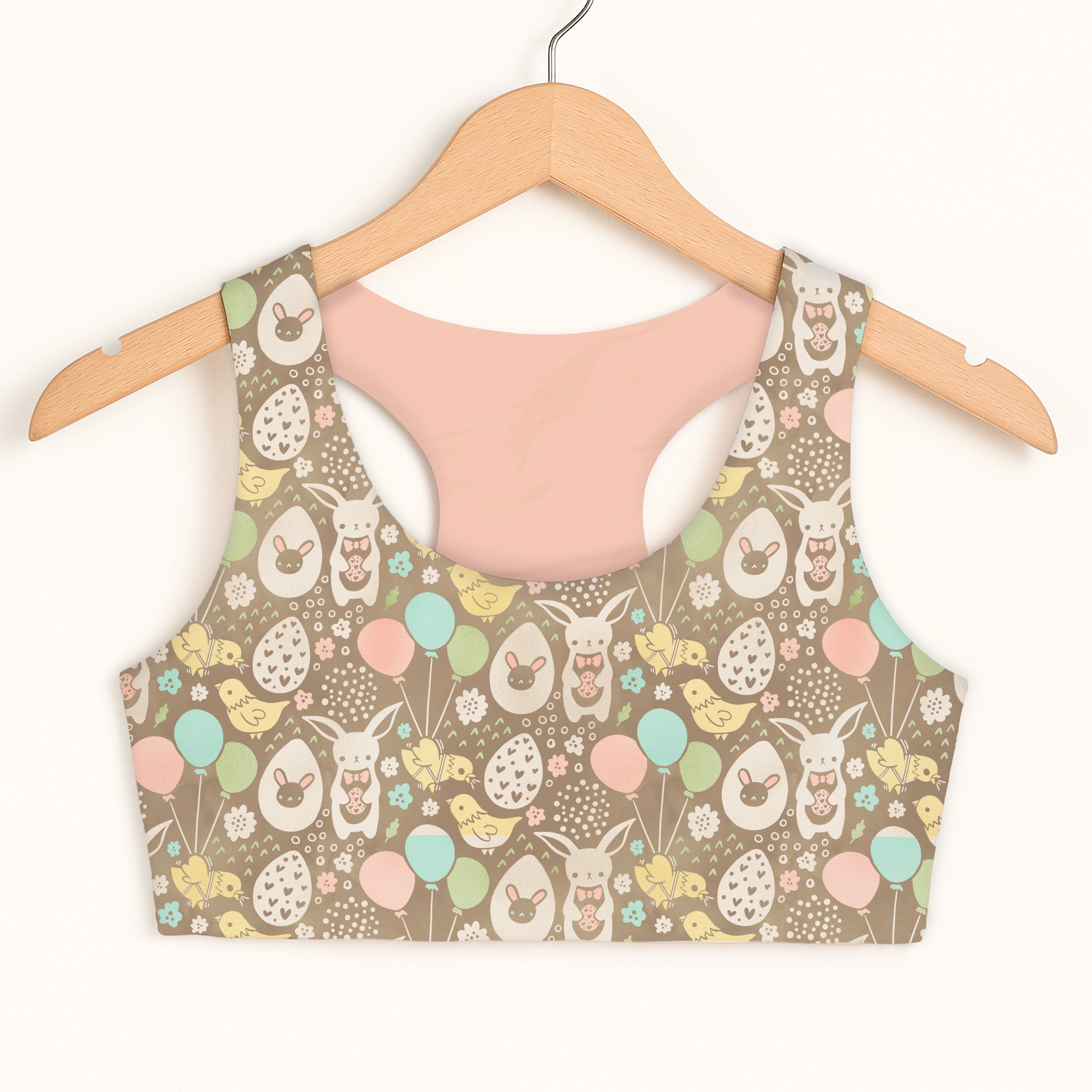 Girls vintage easter bunny sports bra in brown with playful bunnies pastel balloons and chicks quick drying comfort