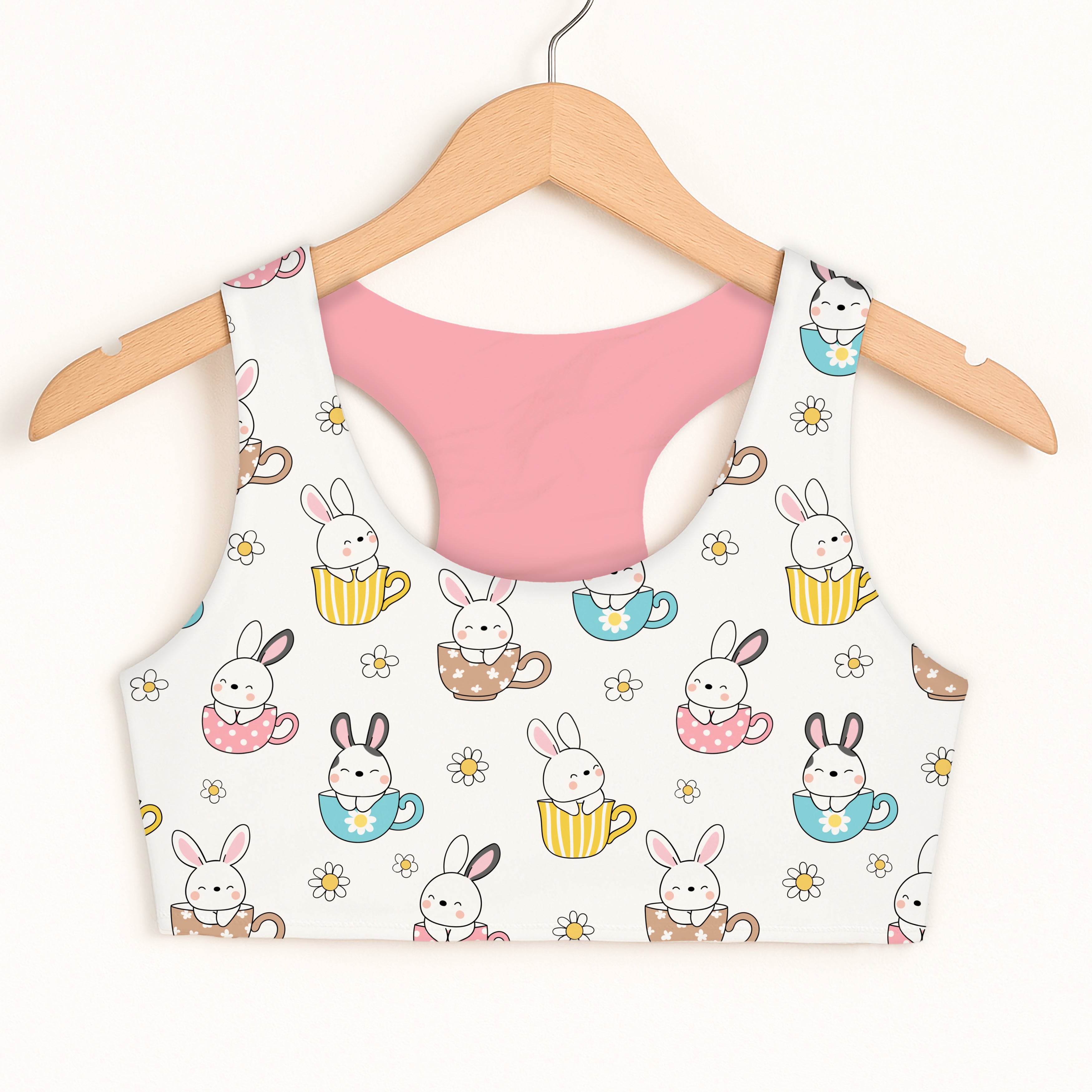 Girls bunny teacup sports bra white cropped top with cartoon bunnies teacups soft pink lining double layered comfort