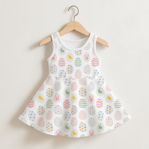 Girls Easter egg sleeveless dress white cotton with flared skirt and pastel easter egg and bunny pattern