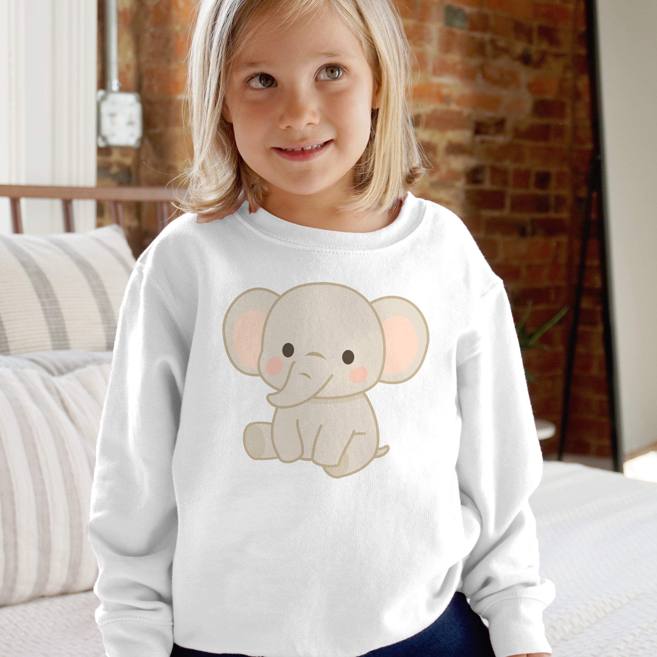 White long-sleeved sweatshirt with cute cartoon baby elephant graphic in beige and pink for kids