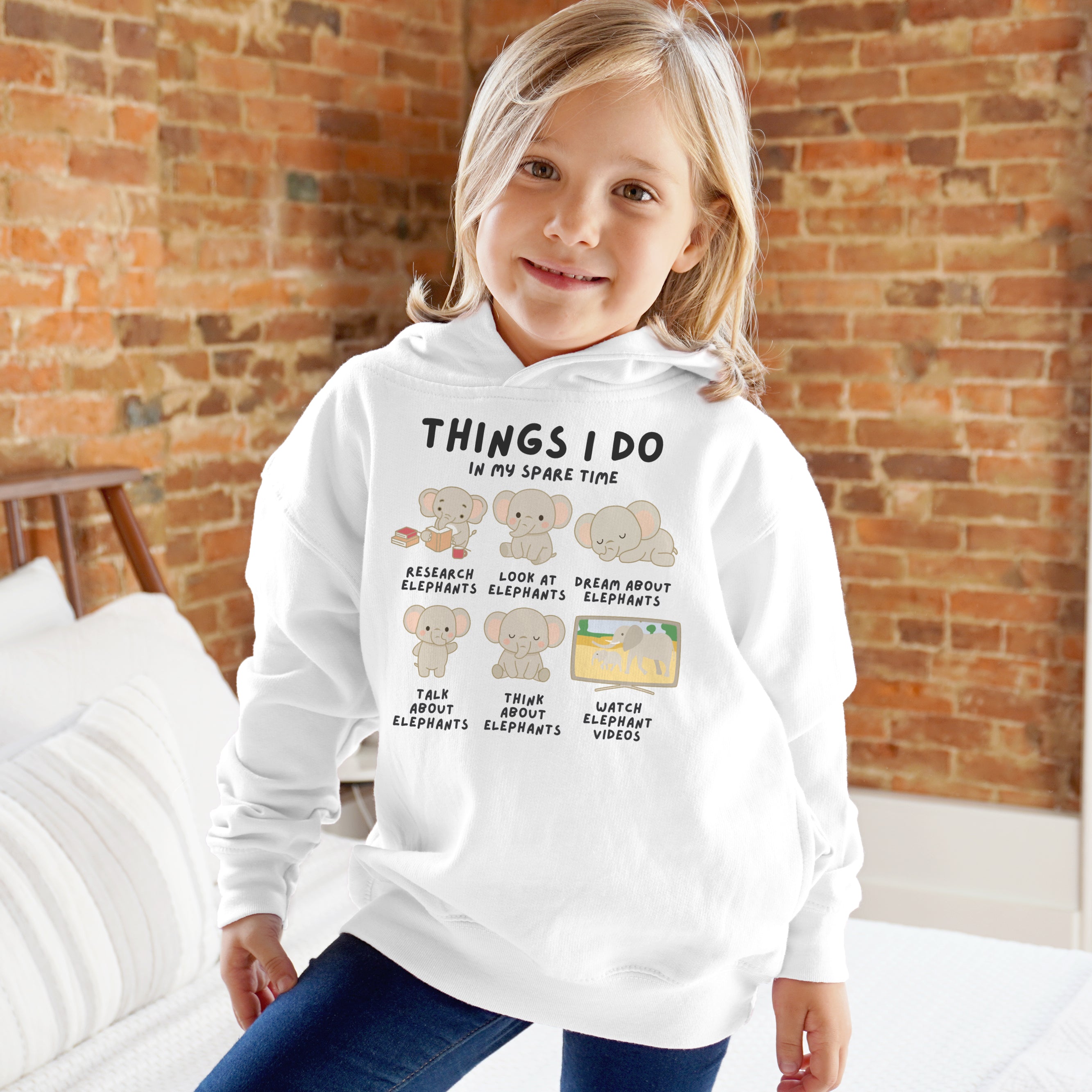 Kids white cotton hoodie with cartoon elephant illustrations and text things i do in my spare time on front