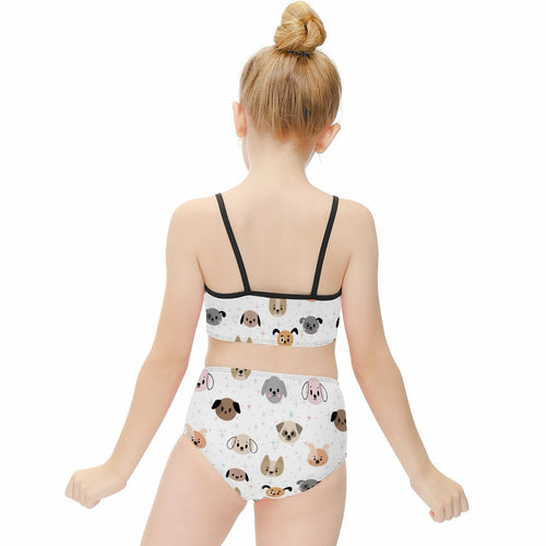 Girls dog face two piece quick drying swimsuit in white with black straps and colorful cartoon dog pattern