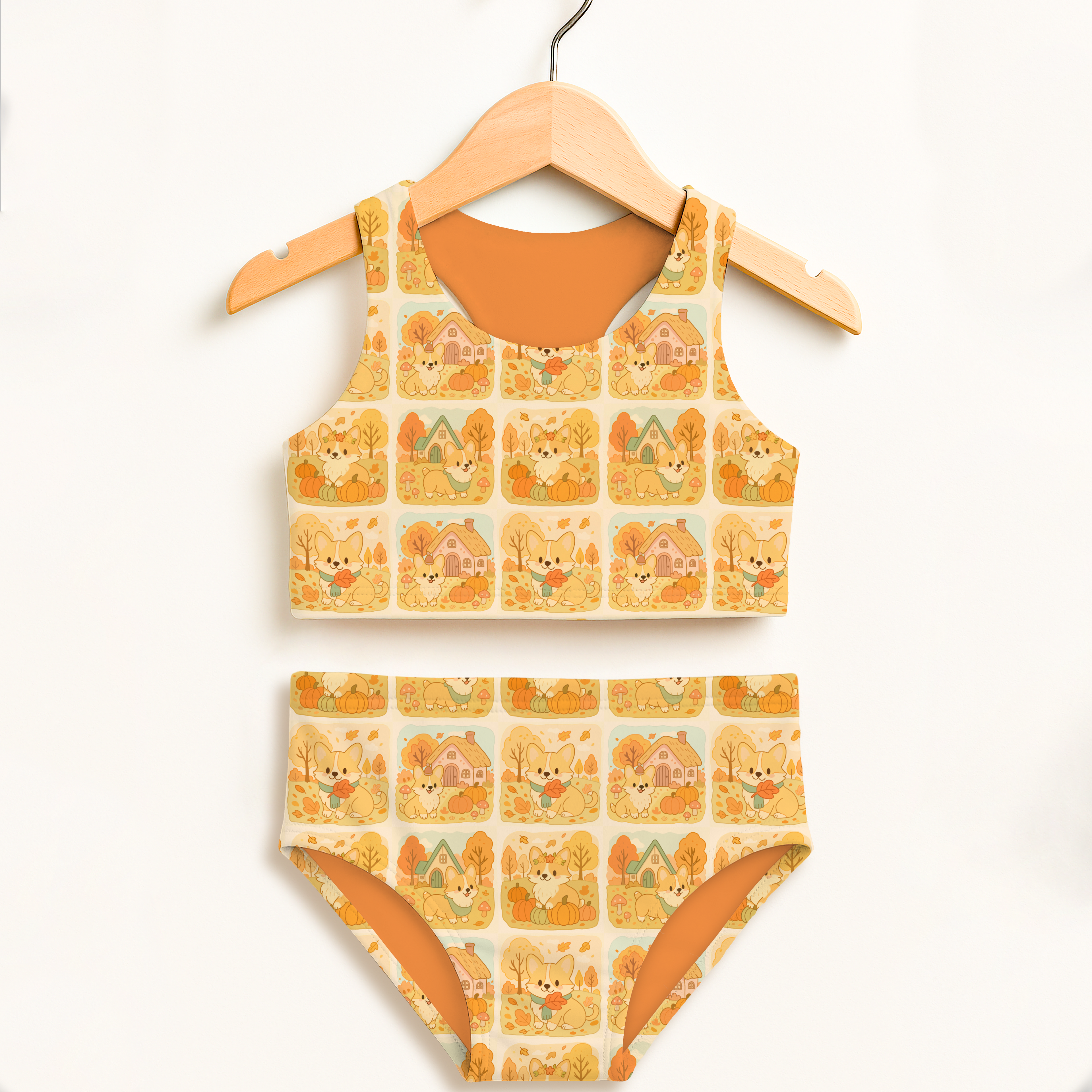 Girls fall corgi dog two piece swimsuit with autumn corgi pumpkin pattern on off-white double layered fabric and UPF 50+