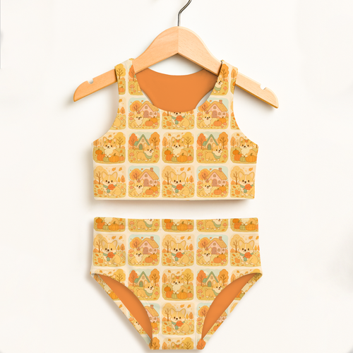 Girls fall corgi dog two piece swimsuit with autumn corgi pumpkin pattern on off-white double layered fabric and UPF 50+