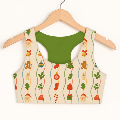 Girls festive christmas sports bra with quick drying double layered comfort beige base and playful holiday illustrations
