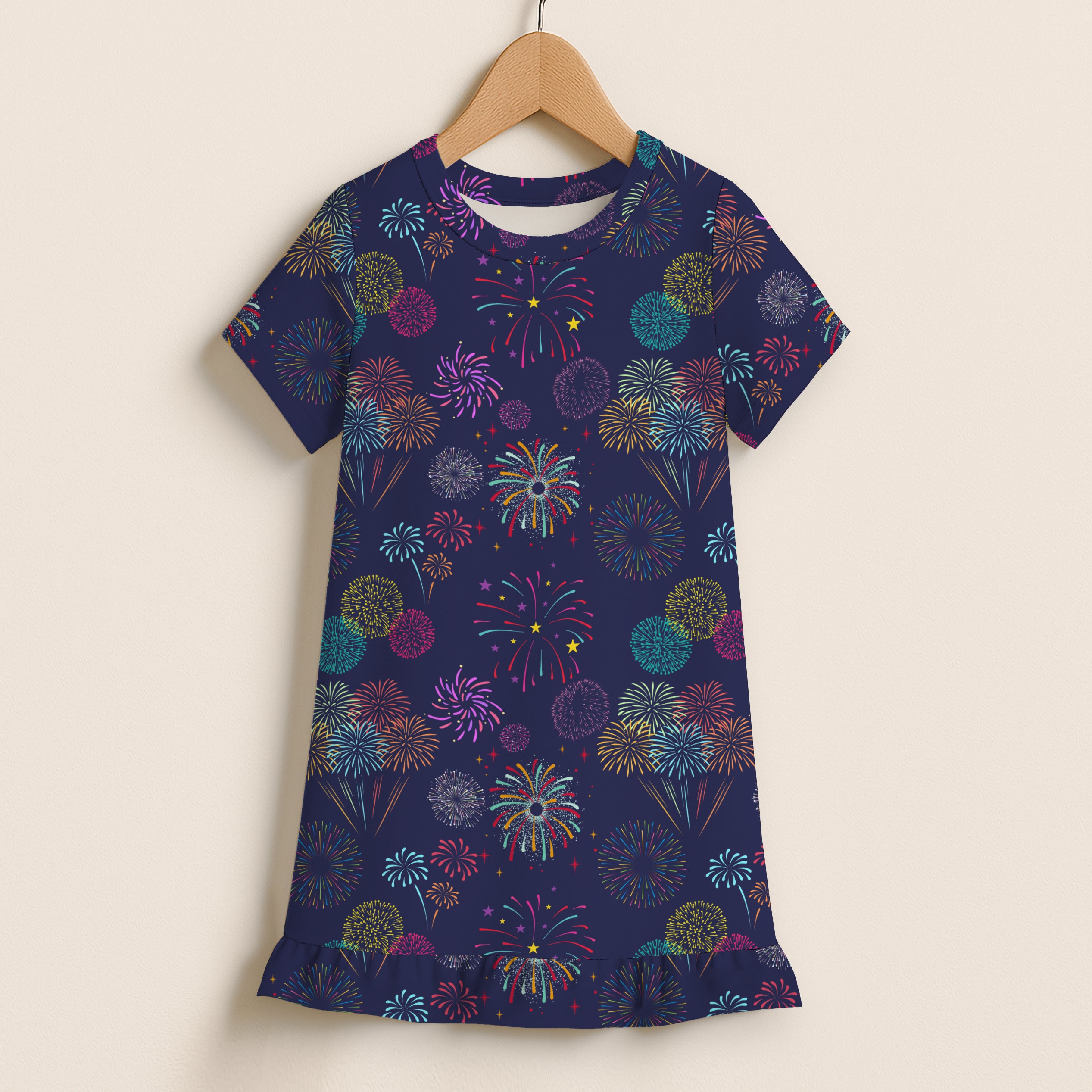 Girls colorful fireworks short sleeve navy blue dress with ruffle hem featuring a vibrant multicolored pattern